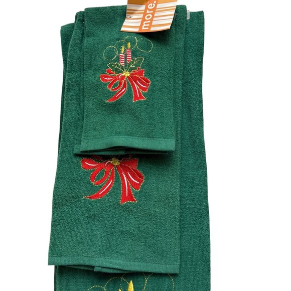 Holiday Towels Bath Set of Three Green Embroidered Bow Holly Candlestick Motif - Picture 3 of 10